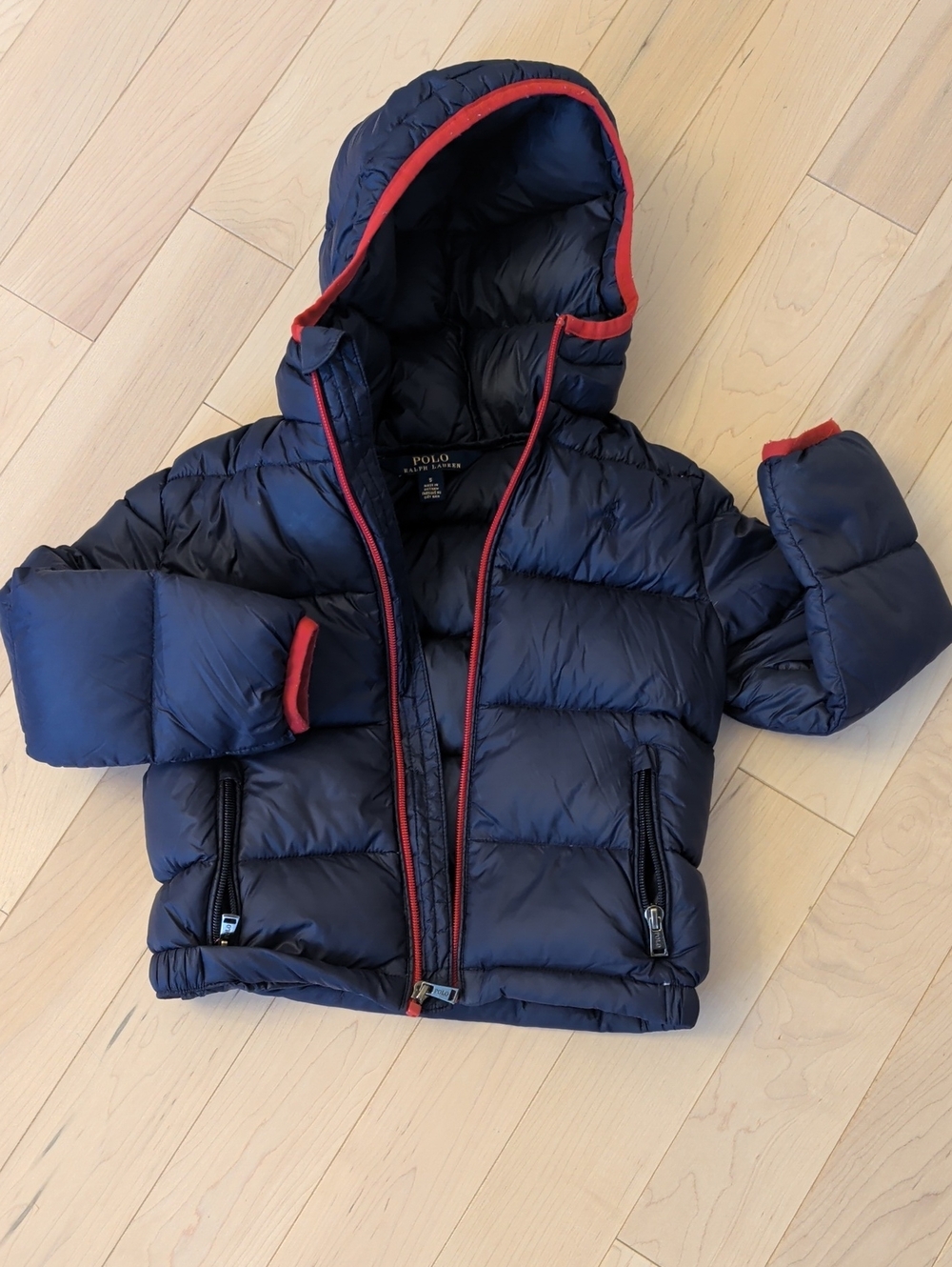 Polo by Ralph Lauren Navy Hooded Puffer Jacket with Red Trim